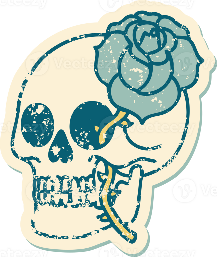 distressed sticker tattoo style icon of a skull and rose png