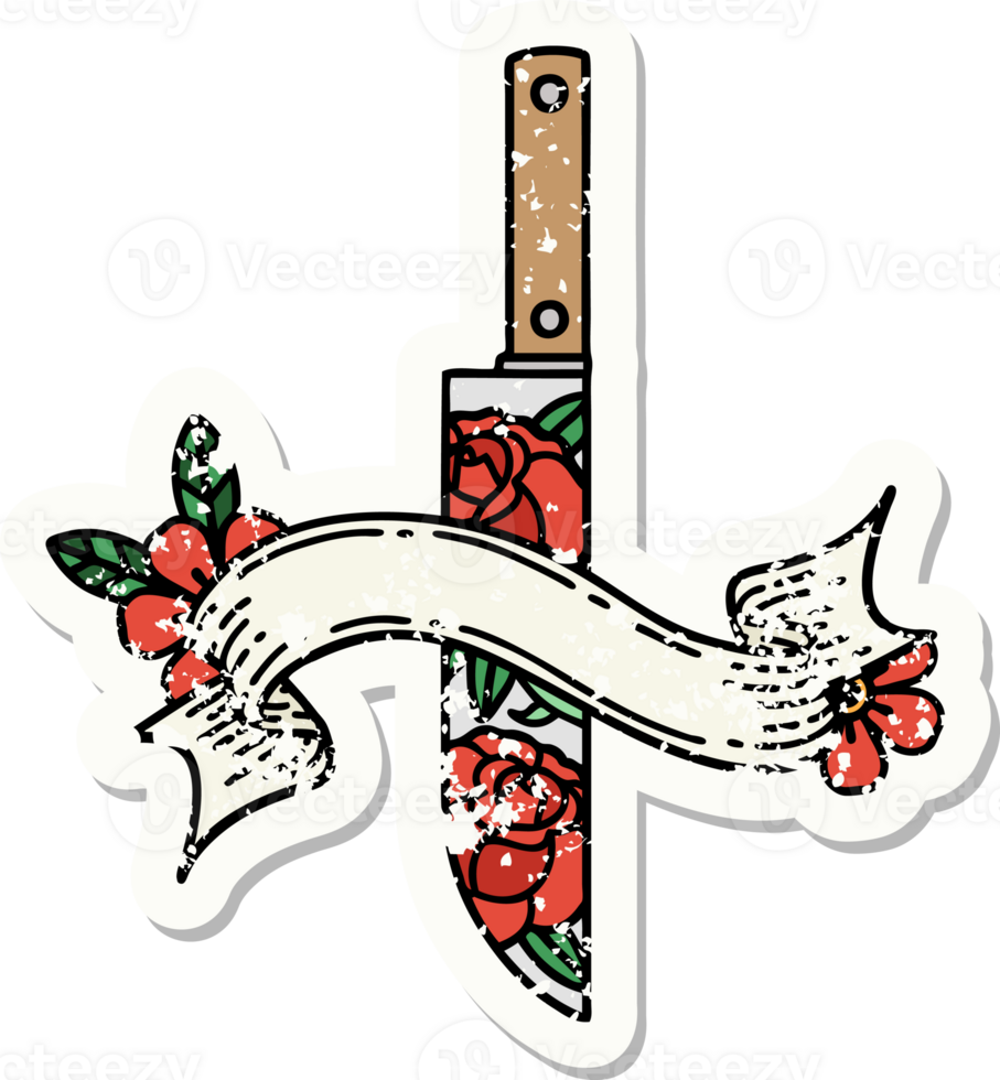 grunge sticker with banner of a dagger and flowers png