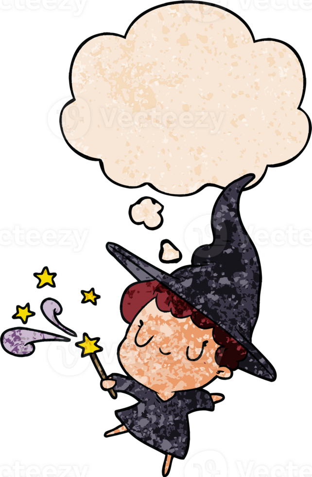 cartoon witch and thought bubble in grunge texture pattern style png