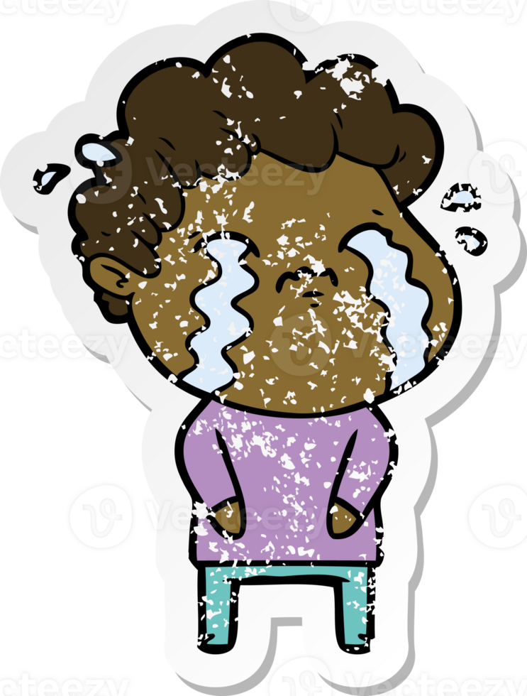distressed sticker of a cartoon man crying png