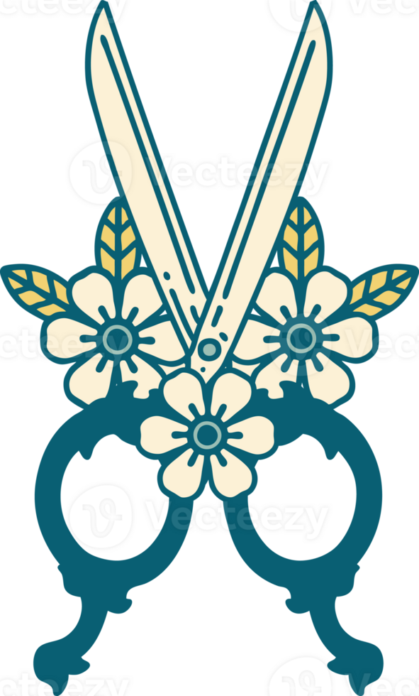 tattoo style icon of a barber scissors and flowers png