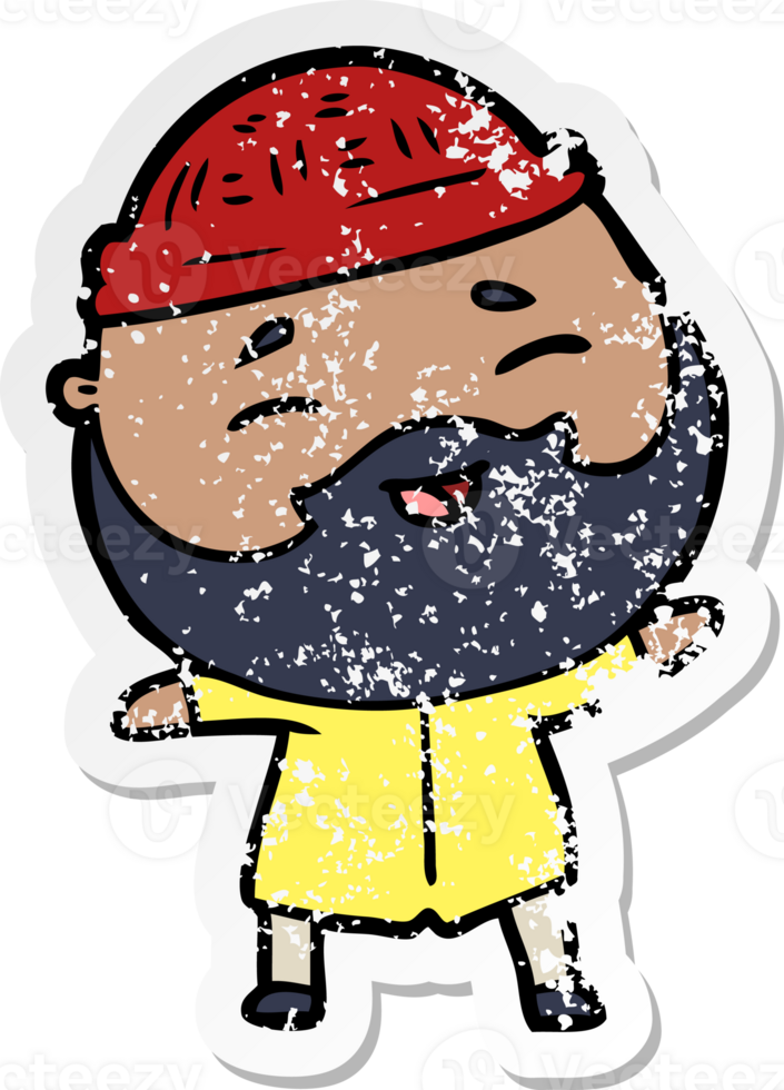 distressed sticker of a cartoon happy bearded man png