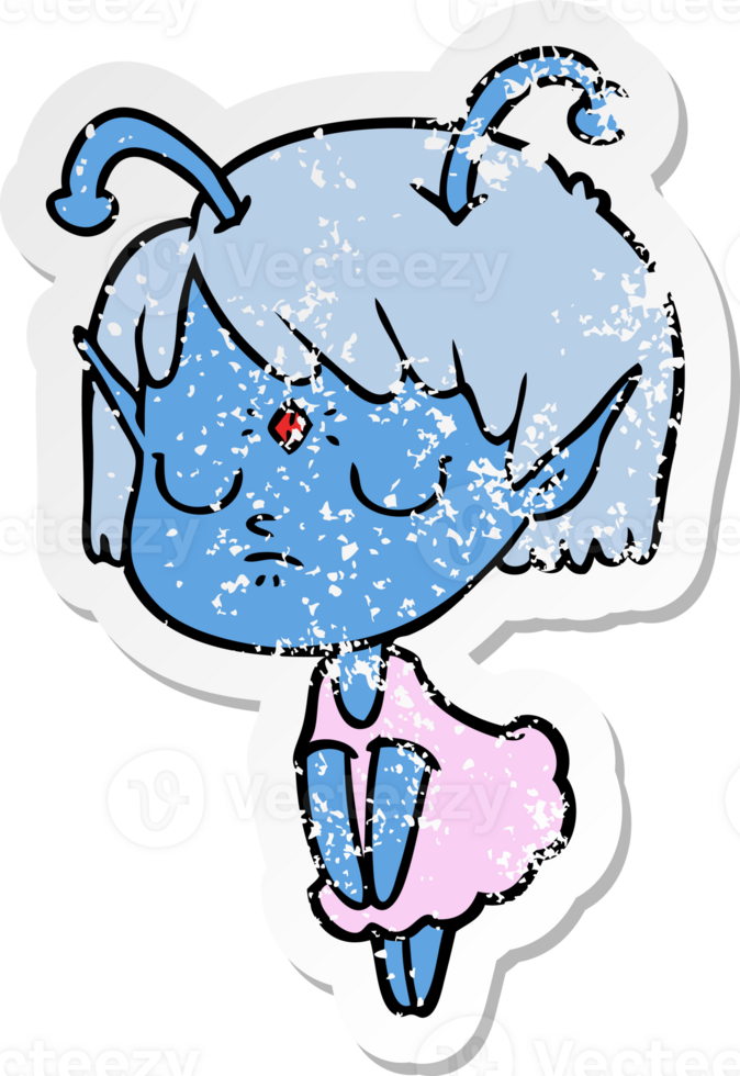 distressed sticker of a cartoon alien girl png