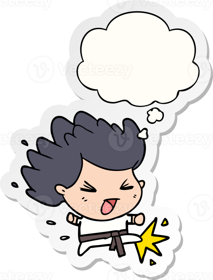 cartoon kicking karate champ and thought bubble as a printed sticker png
