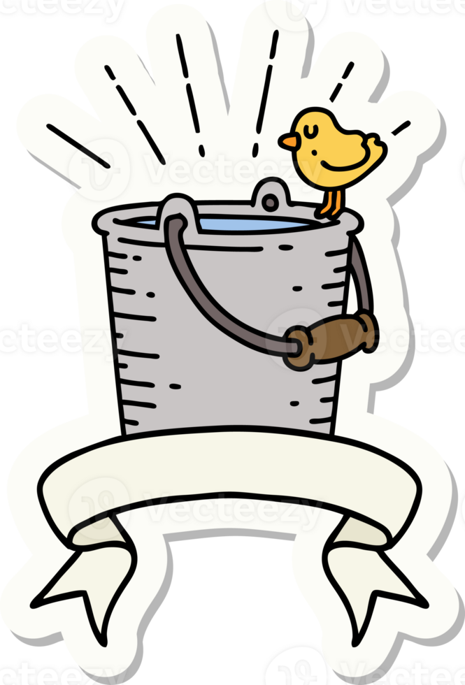 sticker of tattoo style bird perched on bucket of water png