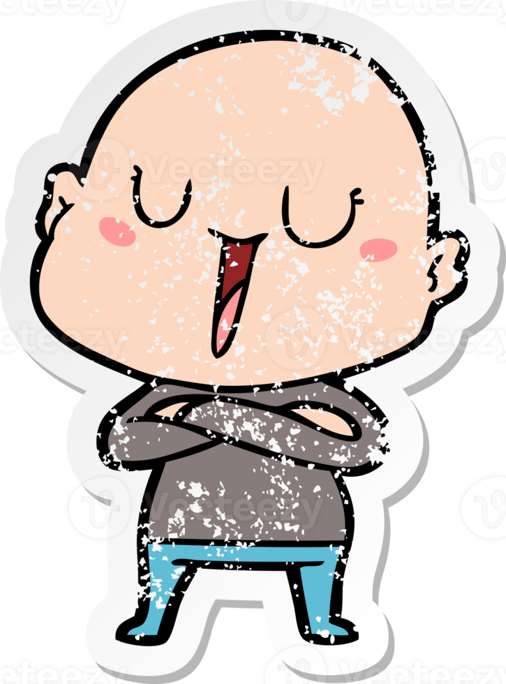 distressed sticker of a happy cartoon bald man png