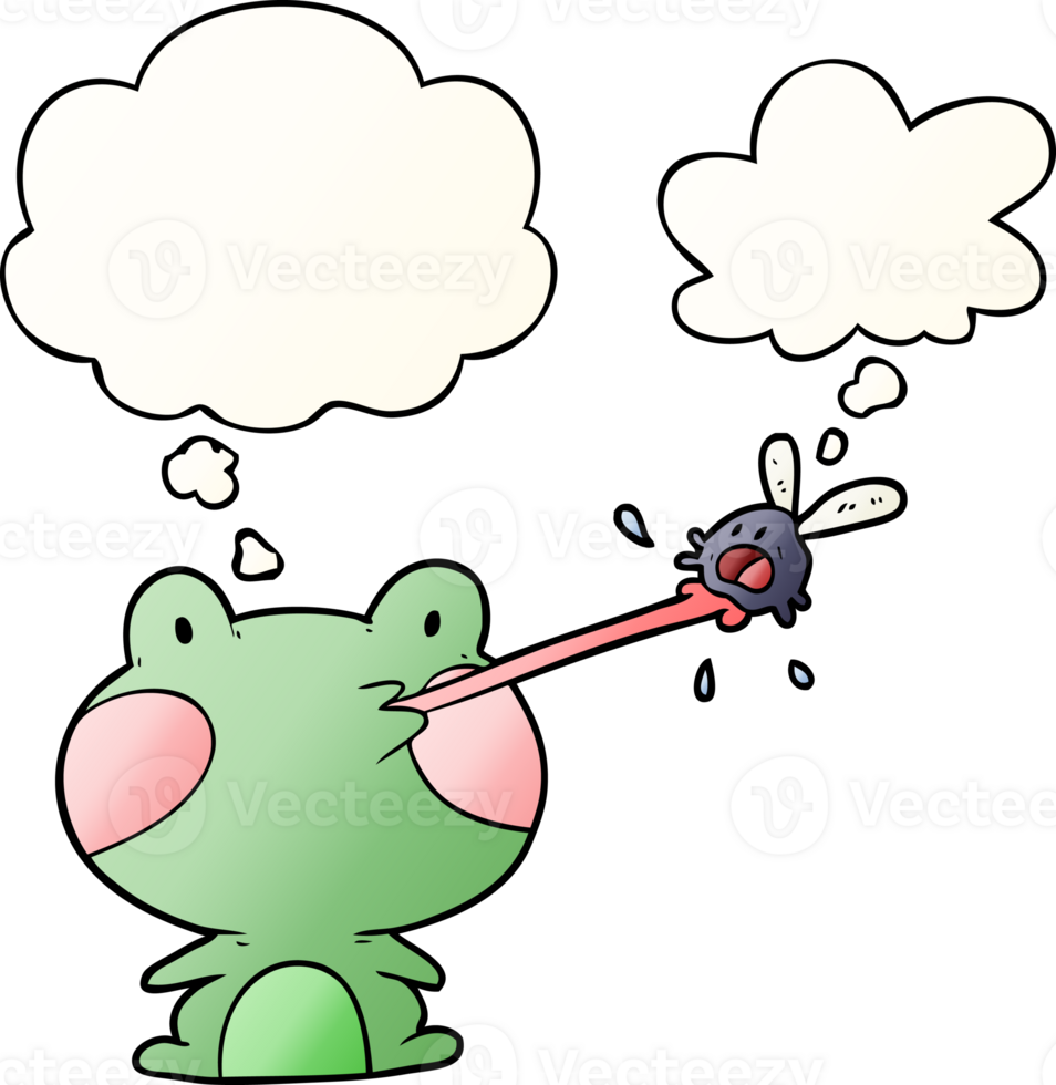 cartoon frog catching fly and thought bubble in smooth gradient style png