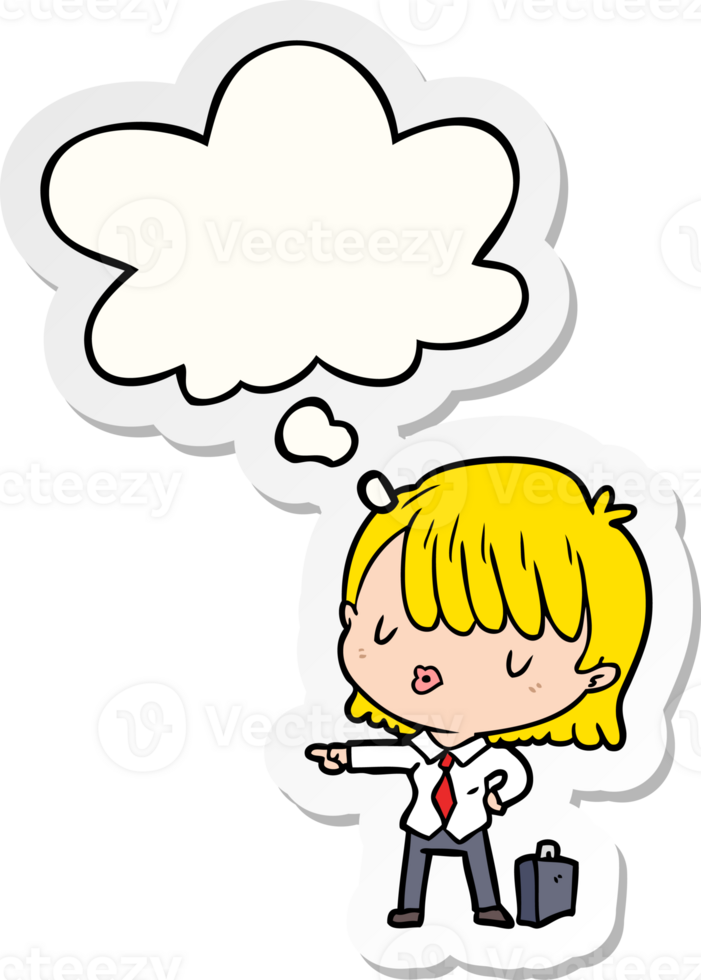 cartoon efficient businesswoman and thought bubble as a printed sticker png