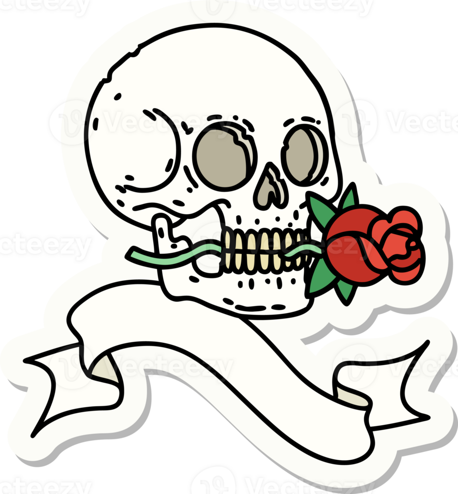 tattoo sticker with banner of a skull and rose png