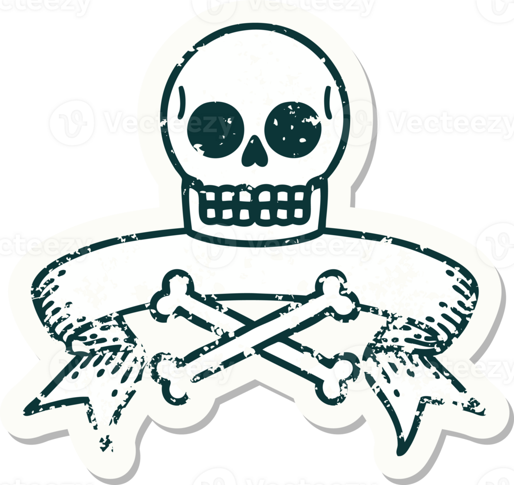 grunge sticker with banner of a skull and bones png