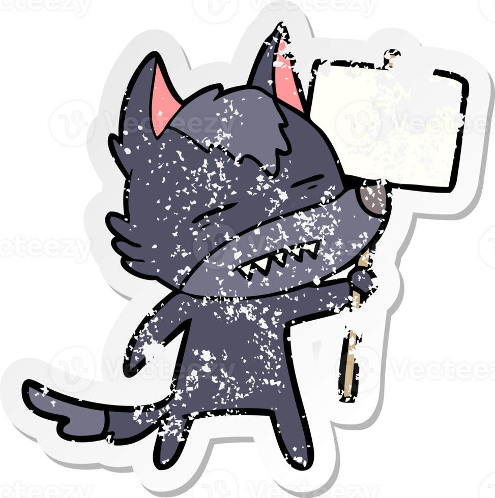 distressed sticker of a cartoon wolf with sign post showing teeth png