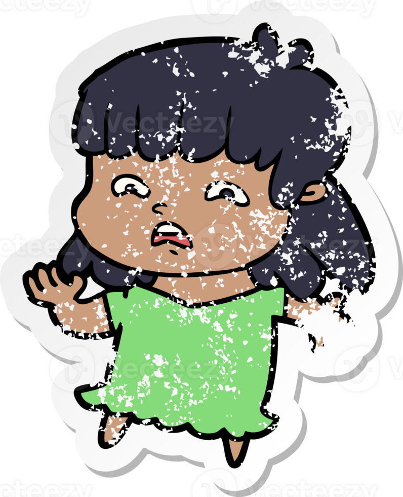 distressed sticker of a cartoon worried woman png