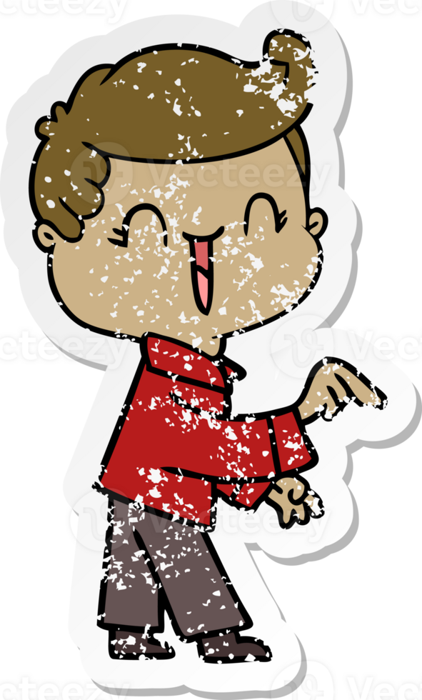 distressed sticker of a cartoon laughing boy pointing png