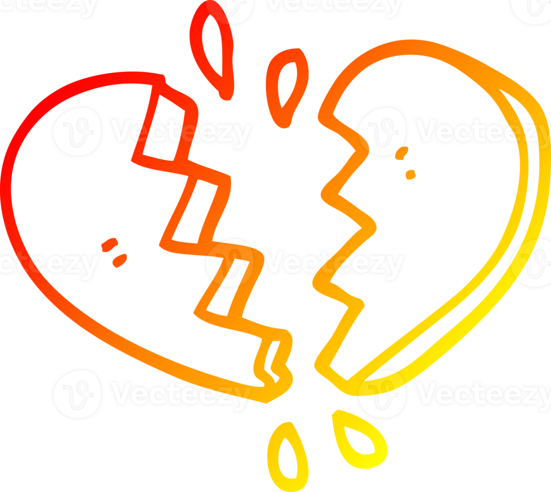 warm gradient line drawing of a cartoon broken heart png