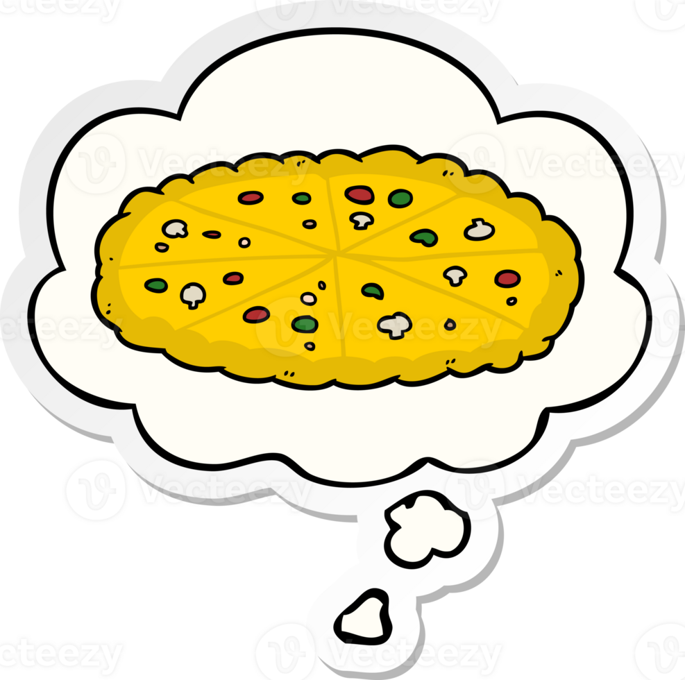 cartoon pizza with thought bubble as a printed sticker png