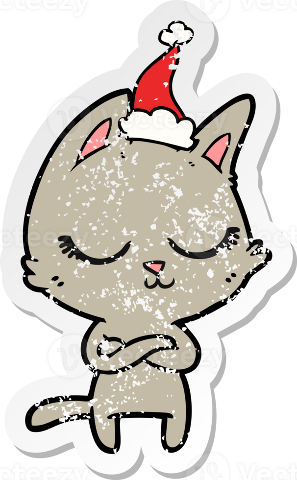 calm hand drawn distressed sticker cartoon of a cat wearing santa hat png