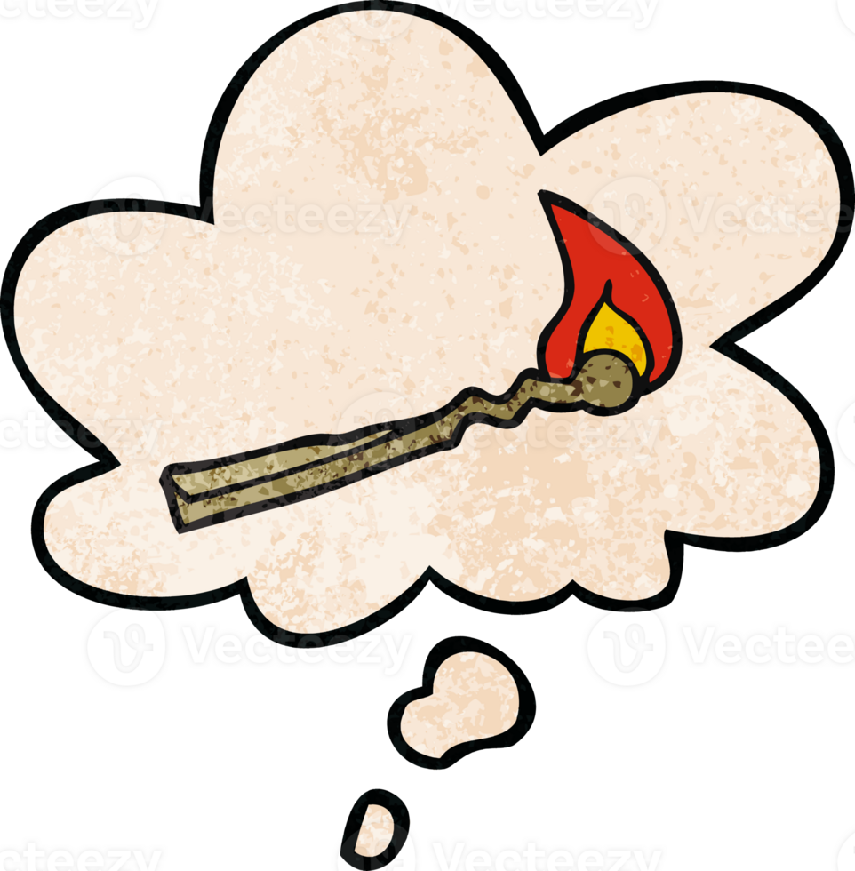cartoon burning match with thought bubble in grunge texture style png