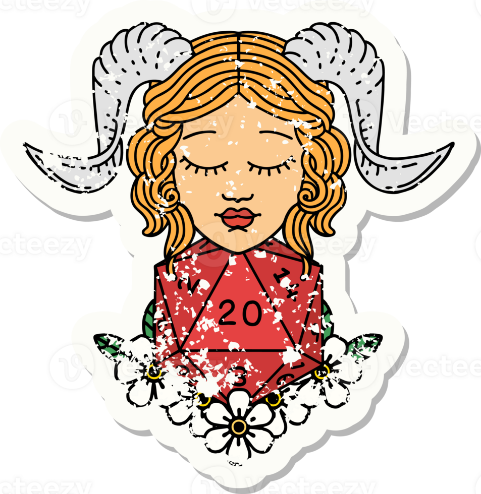 grunge sticker of a tiefling with natural 20 D20 dice roll png