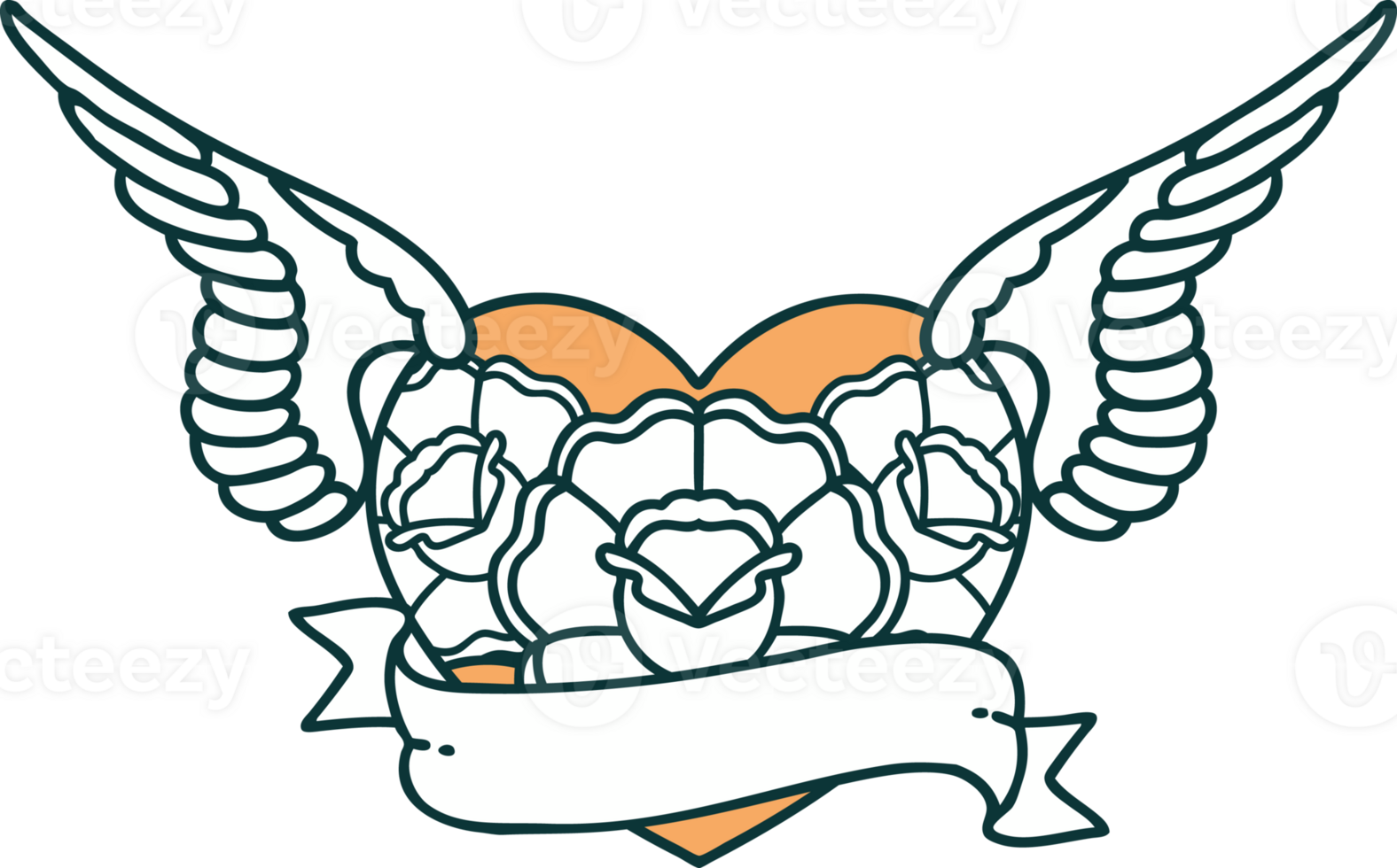iconic tattoo style image of a flying heart with flowers and banner png
