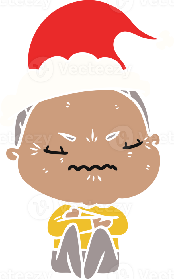 hand drawn flat color illustration of a annoyed old lady wearing santa hat png