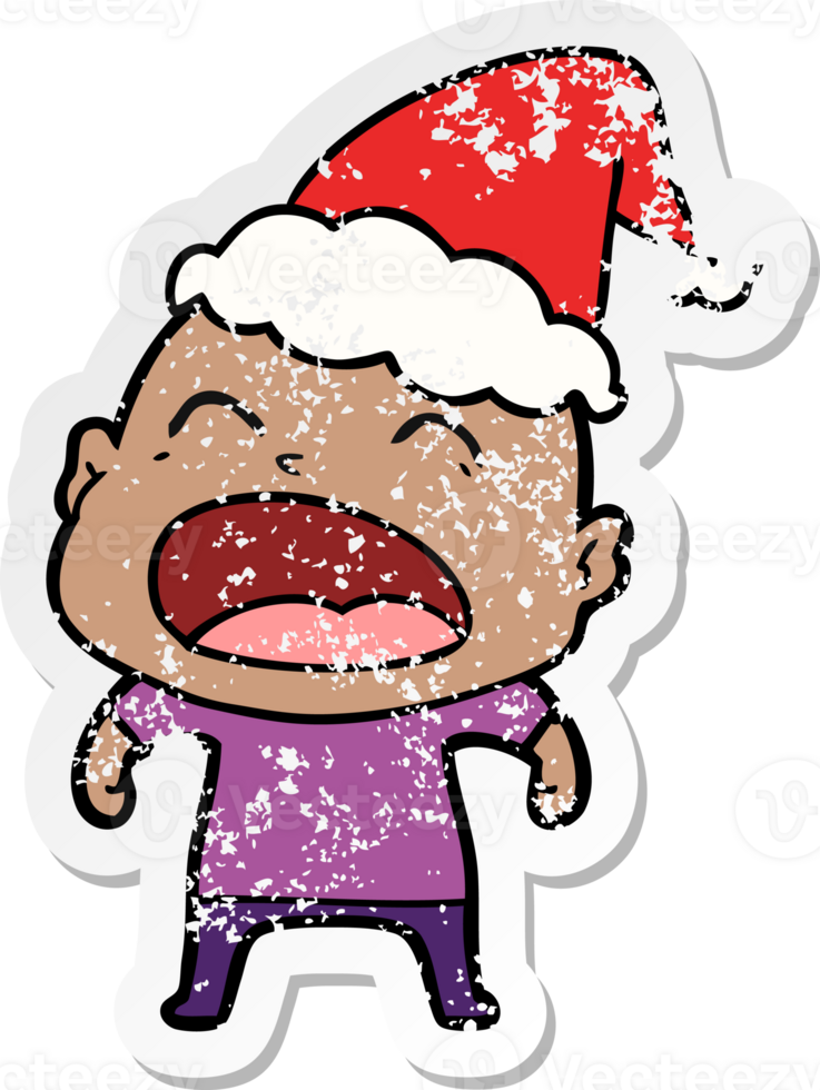 hand drawn distressed sticker cartoon of a shouting bald man wearing santa hat png