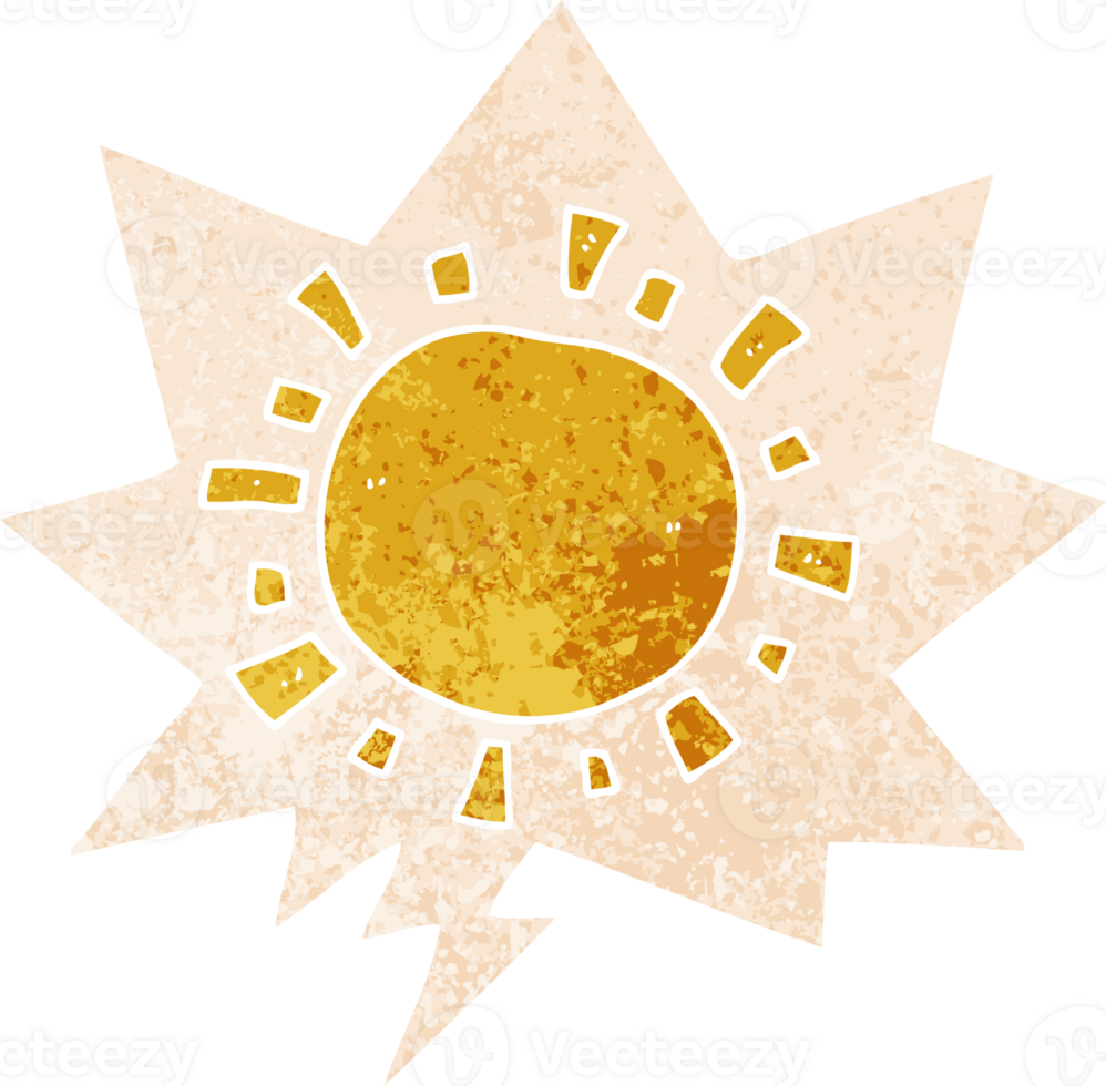 cartoon sun with speech bubble in grunge distressed retro textured style png