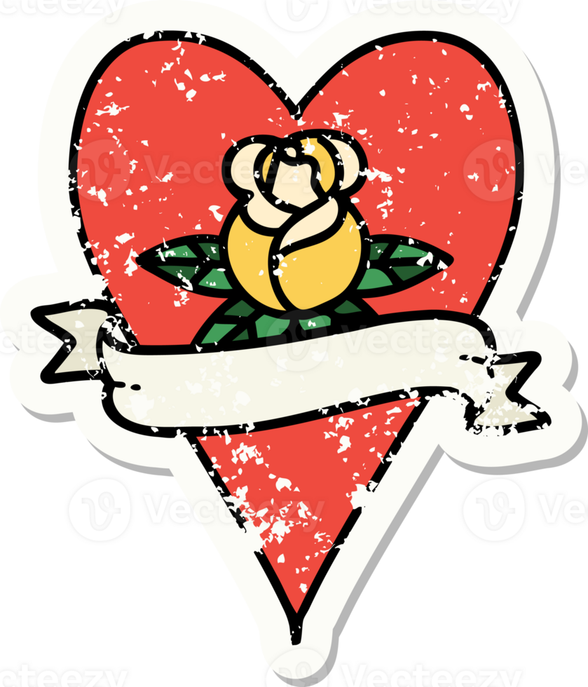 distressed sticker tattoo in traditional style of a heart rose and banner png