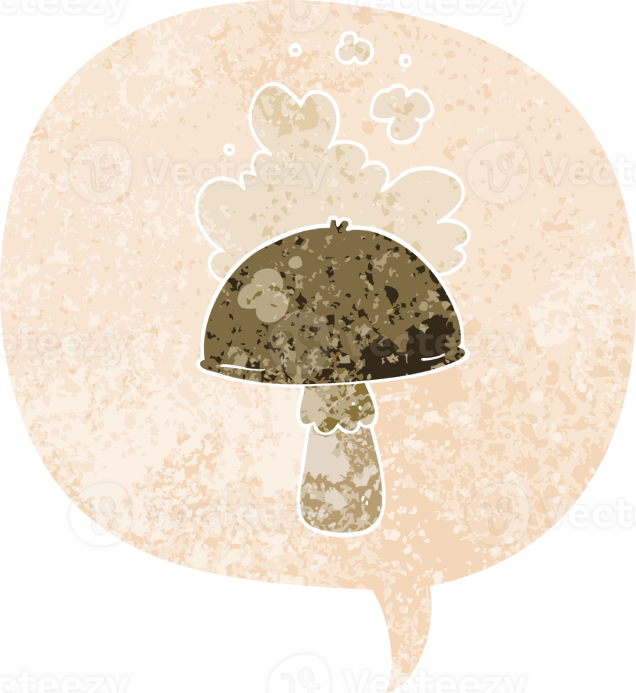 cartoon mushroom with spore cloud with speech bubble in grunge distressed retro textured style png