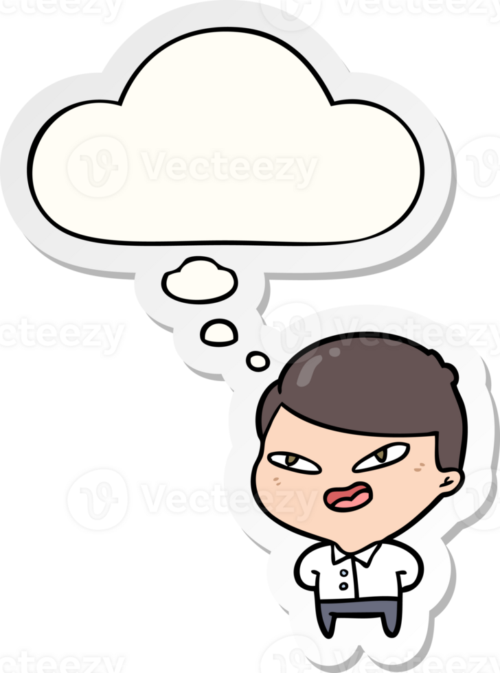 cartoon happy business man with thought bubble as a printed sticker png