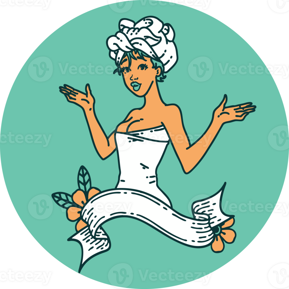 tattoo in traditional style of a pinup girl in towel with banner png