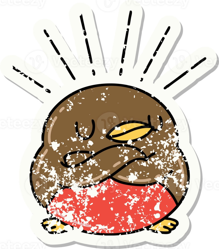 worn old sticker of a tattoo style robin with folded wings png