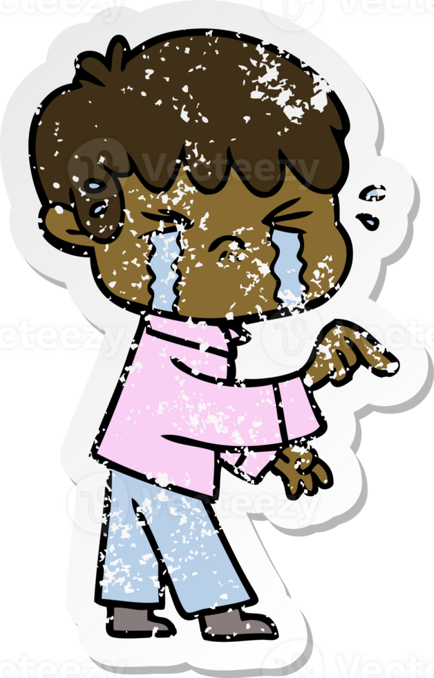 distressed sticker of a crying boy cartoon png