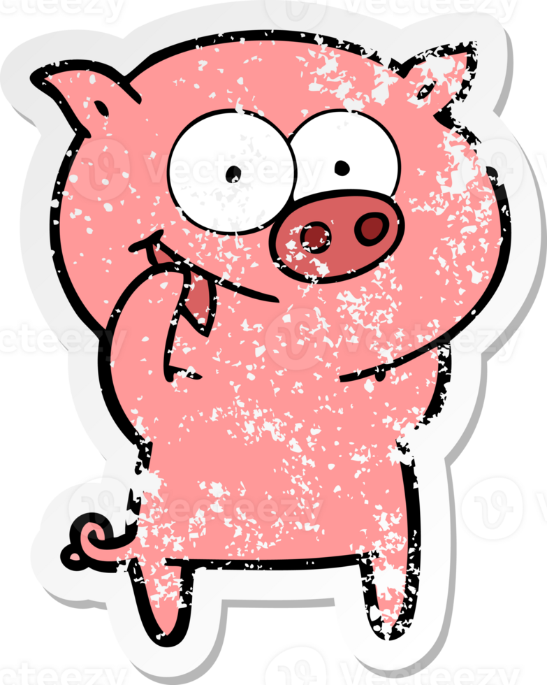 distressed sticker of a cheerful pig cartoon png