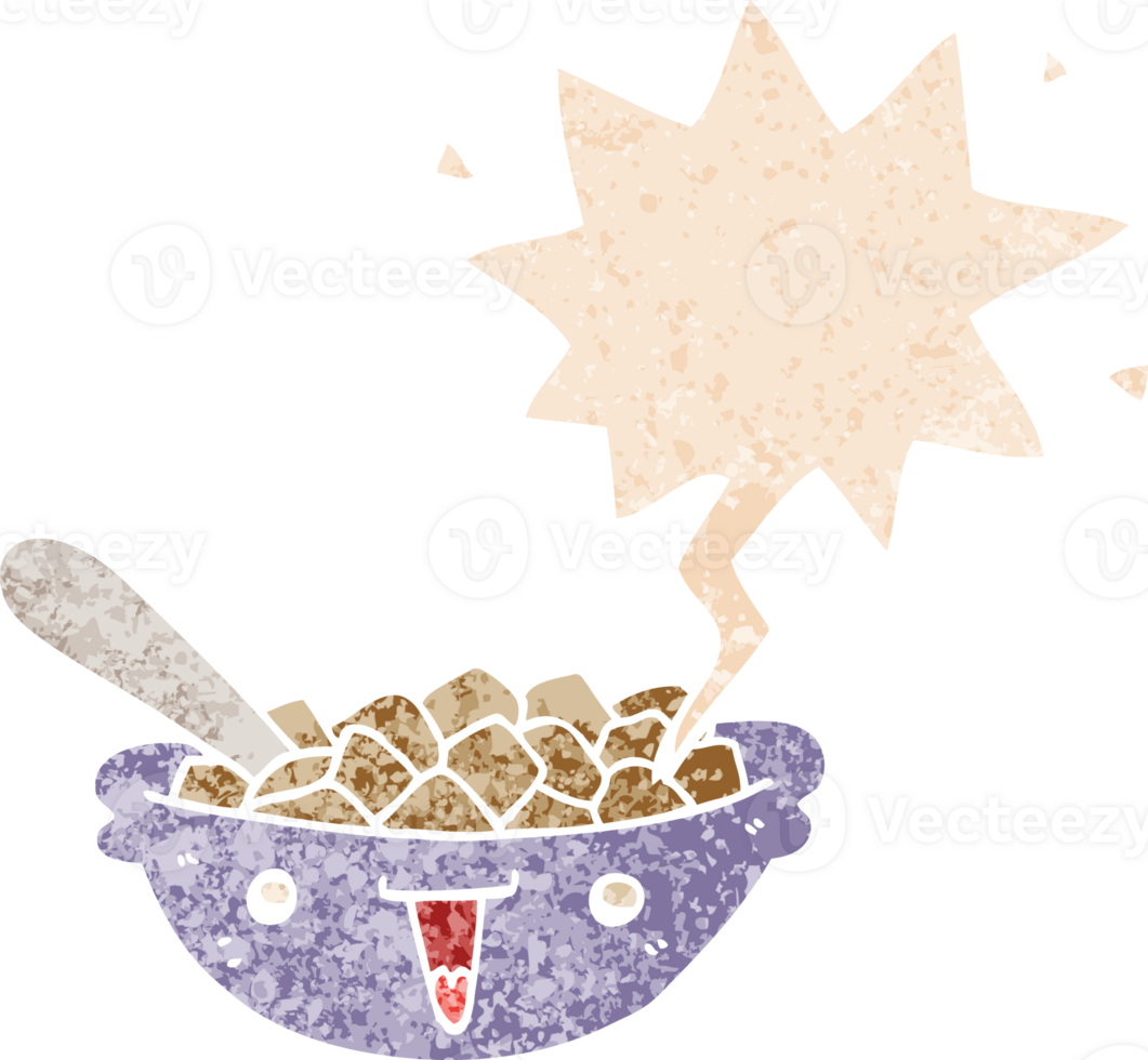 cute cartoon bowl of cereal with speech bubble in grunge distressed retro textured style png