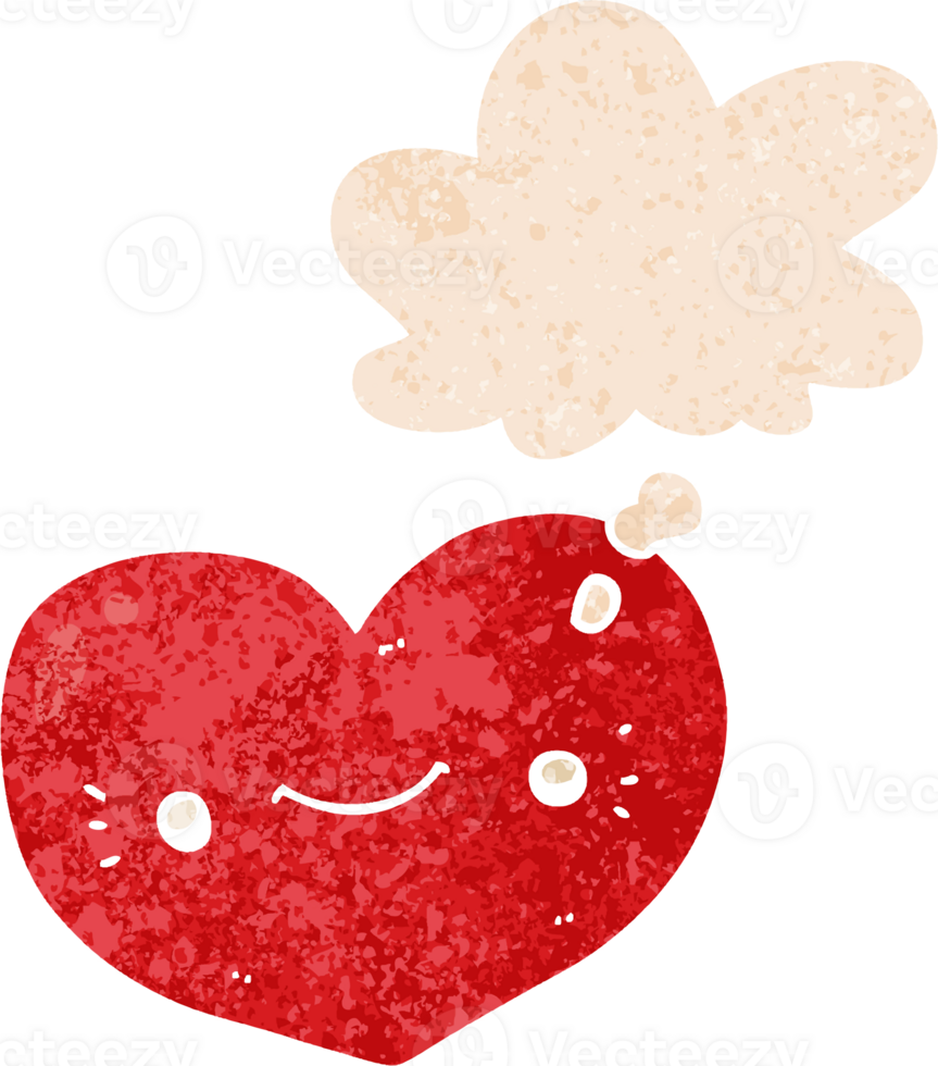 heart cartoon character with thought bubble in grunge distressed retro textured style png