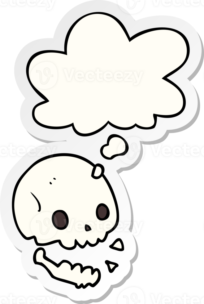 cartoon spooky skull with thought bubble as a printed sticker png