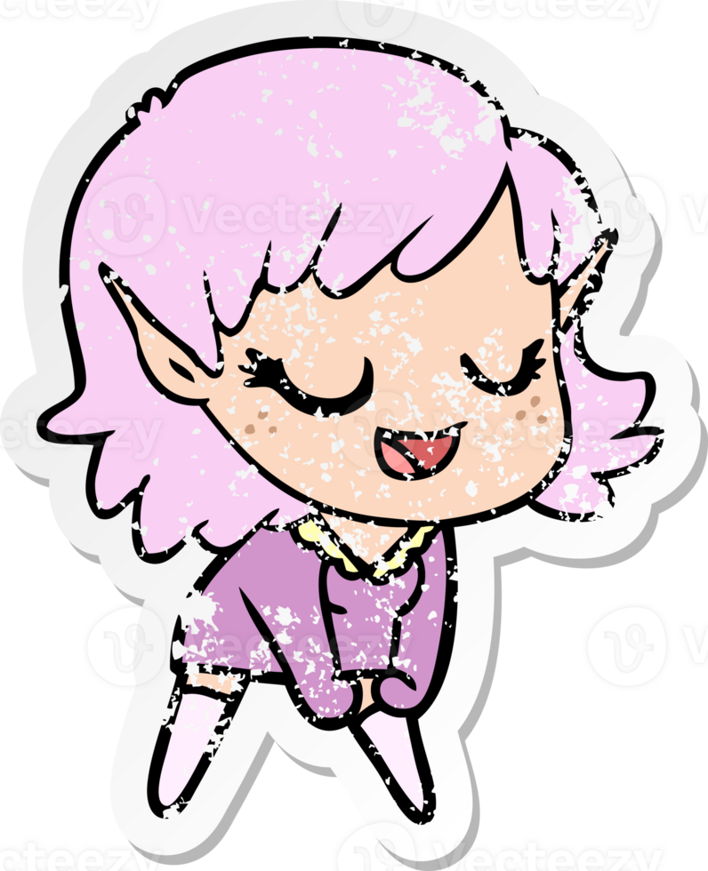 distressed sticker of a happy cartoon elf girl png