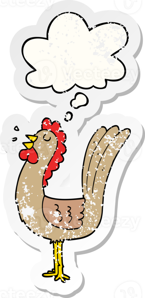 cartoon rooster with thought bubble as a distressed worn sticker png