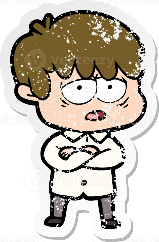 distressed sticker of a cartoon exhausted boy png