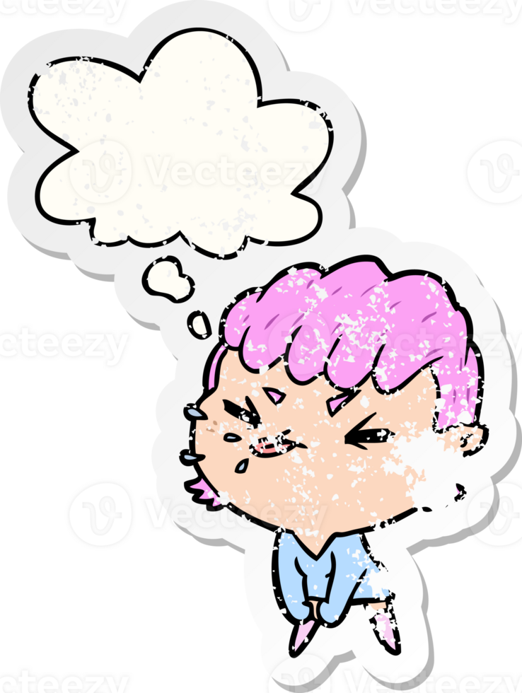 cartoon rude girl with thought bubble as a distressed worn sticker png