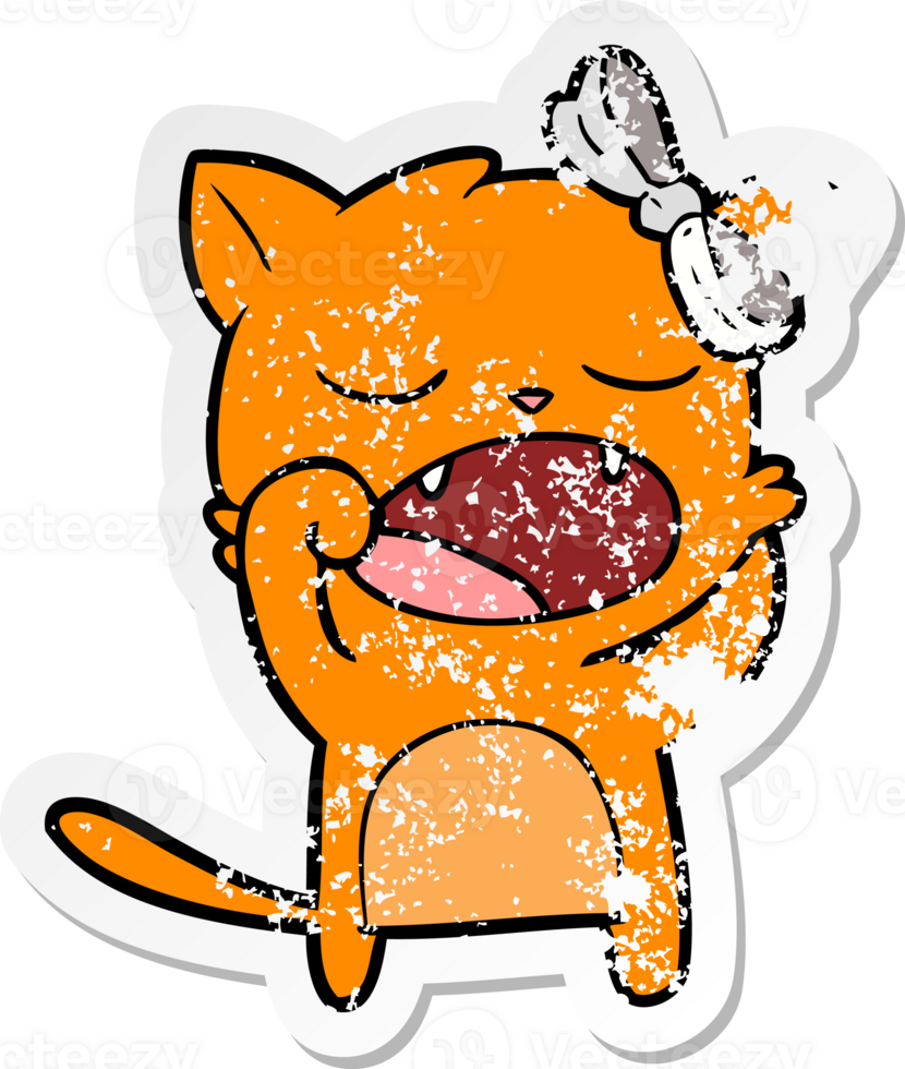 distressed sticker of a cartoon yawning cat png