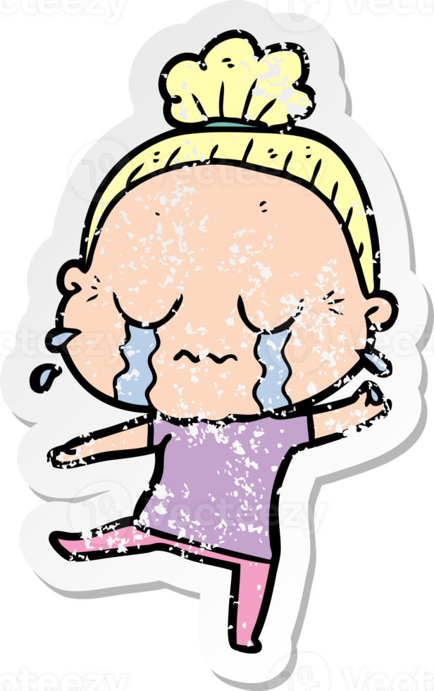 distressed sticker of a cartoon crying old lady png