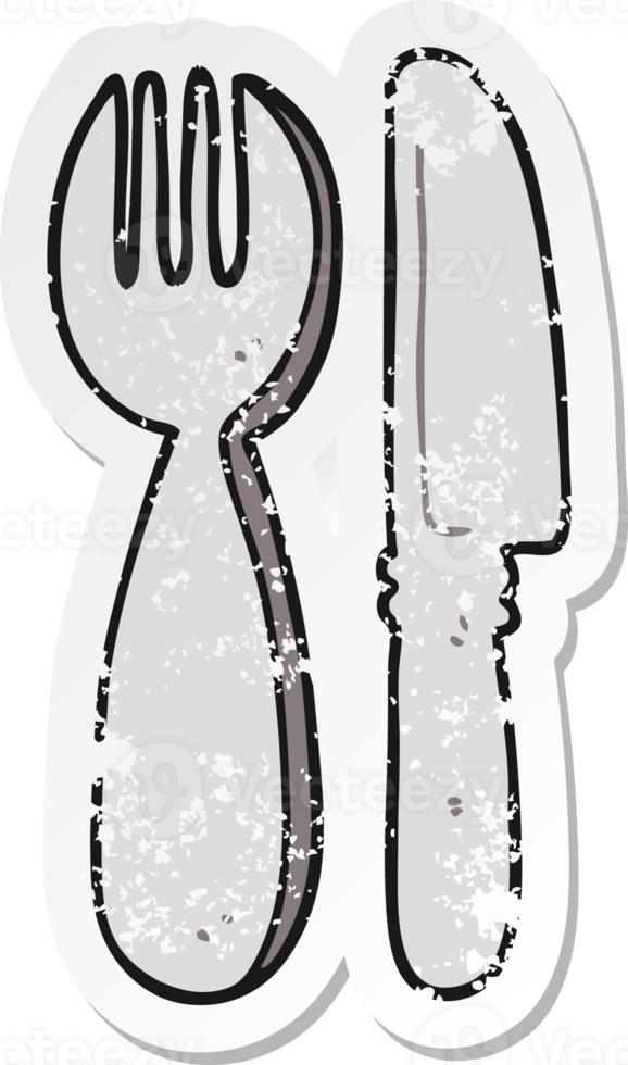 distressed sticker of a cartoon knife and fork png