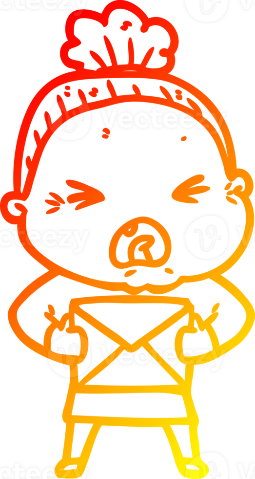 warm gradient line drawing of a cartoon angry old woman png