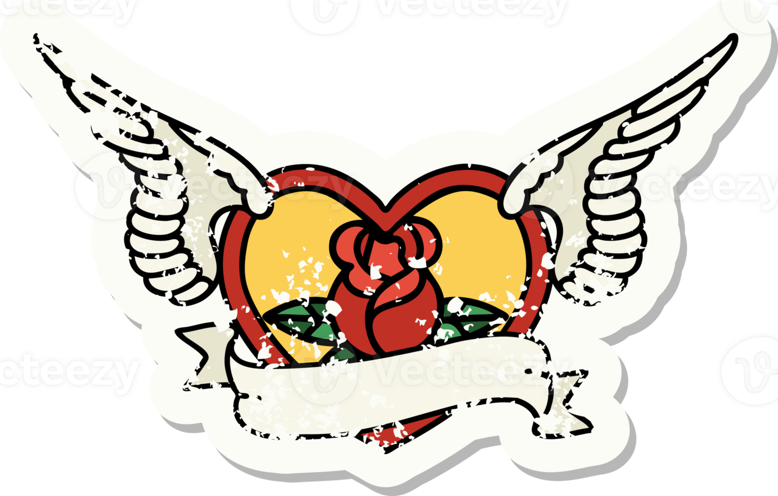 distressed sticker tattoo in traditional style of a flying heart with flowers and banner png