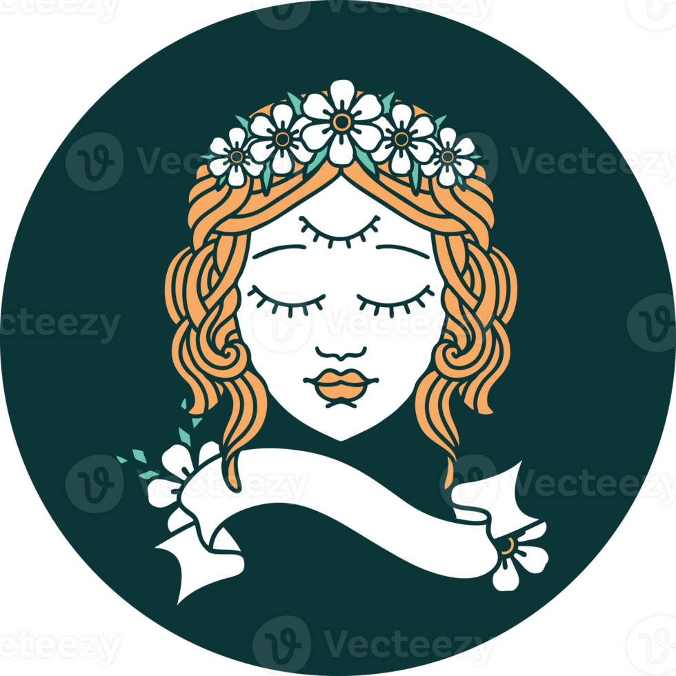 tattoo style icon with banner of female face with third eye png