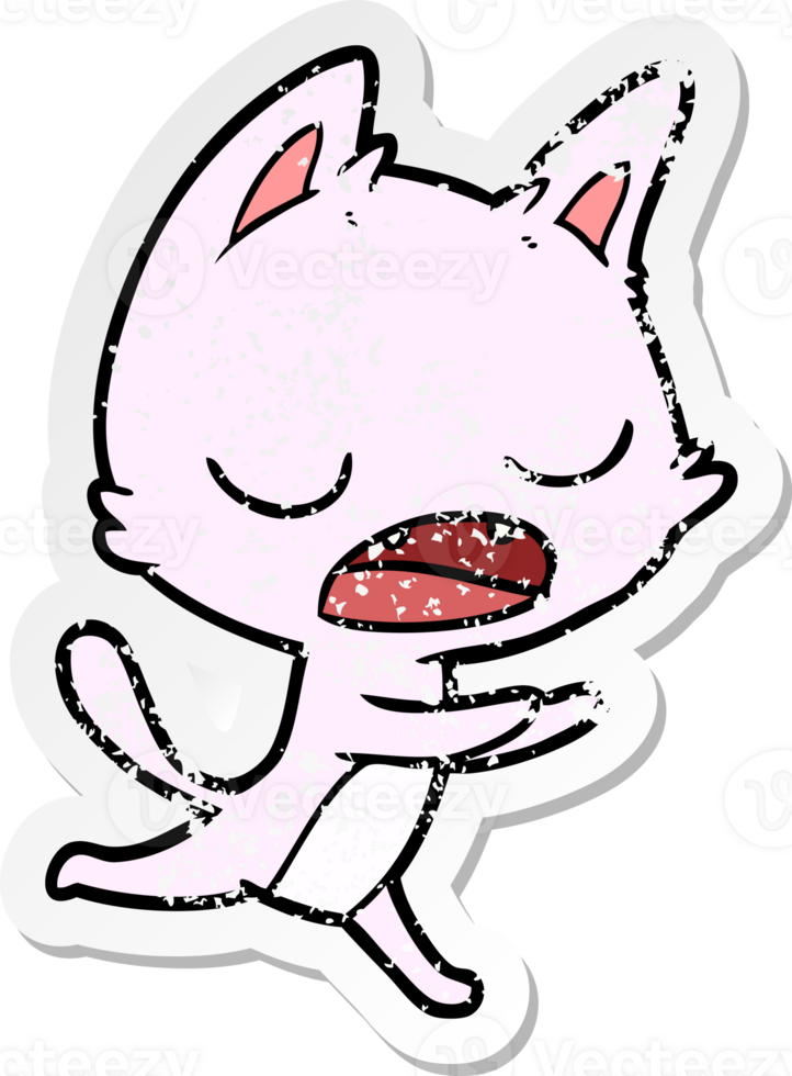 distressed sticker of a talking cat cartoon png