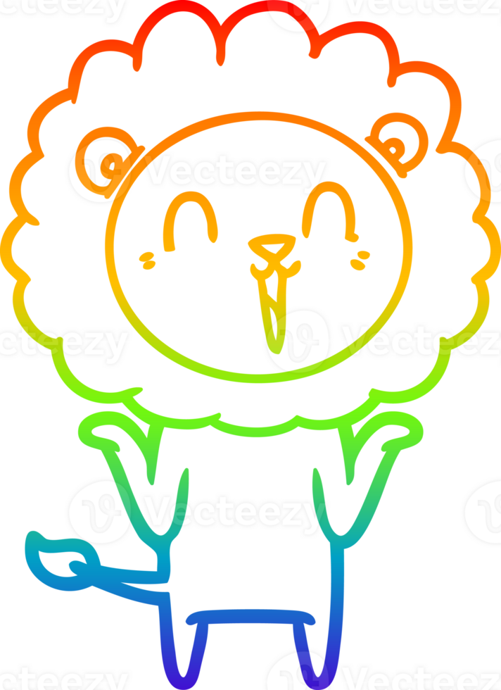 rainbow gradient line drawing of a laughing lion cartoon shrugging shoulders png