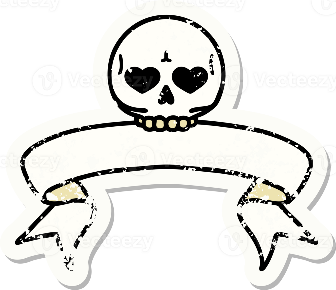 worn old sticker with banner of a skull png