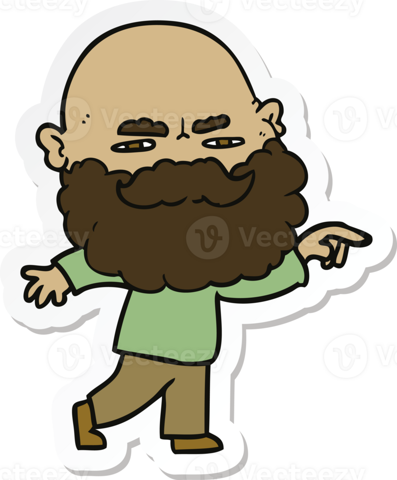 sticker of a cartoon man with beard frowning and pointing png